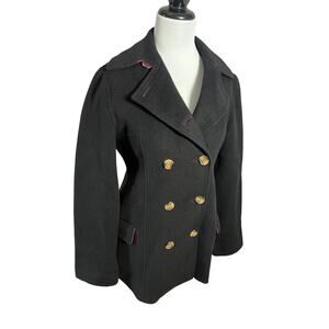 Lilly Pulitzer Black Wool Double Breasted Peacoat Pink Plaid Lining Size S Soft